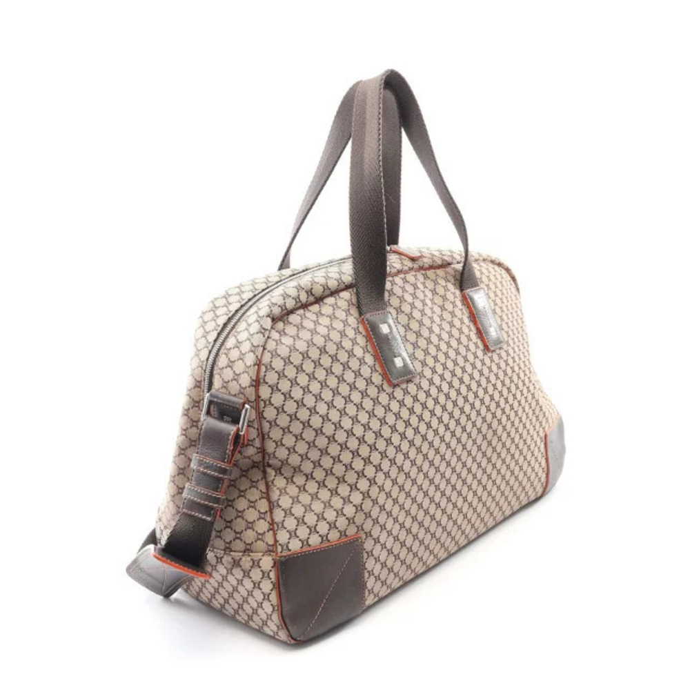 Celine Boston Leather Cream Beige Canvas Macadam Bag Brown Tan Brown